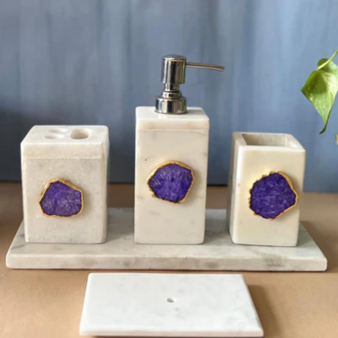 White Marble and Agate Toiletry Holder set