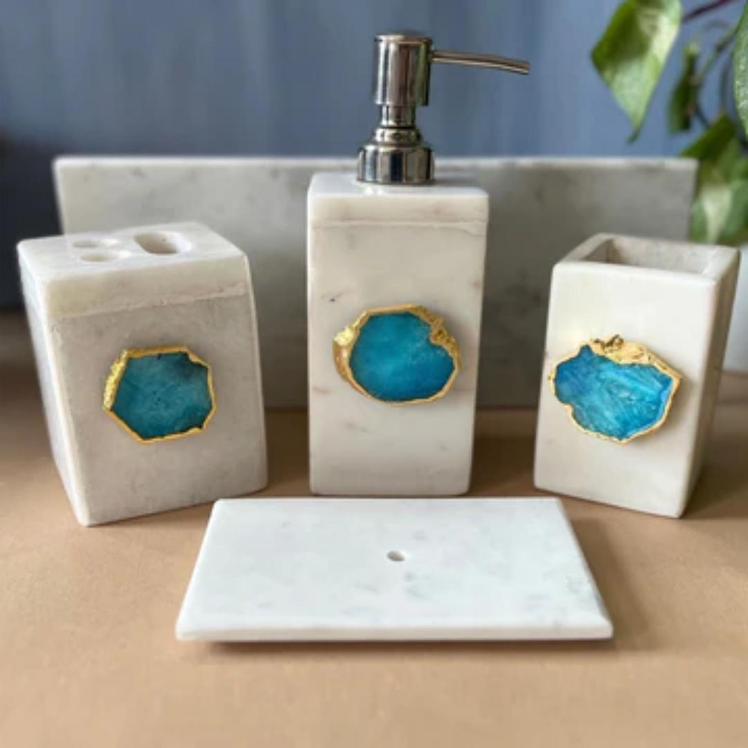 White Marble and Agate Toiletry Holder set