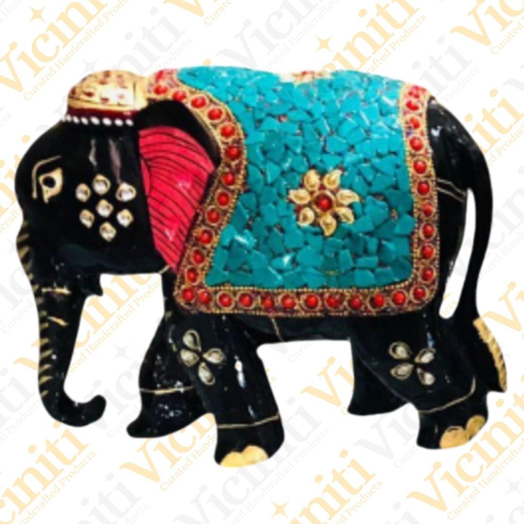 Turquoise Embellished Handcrafted Wooden Elephants Showpiece Set
