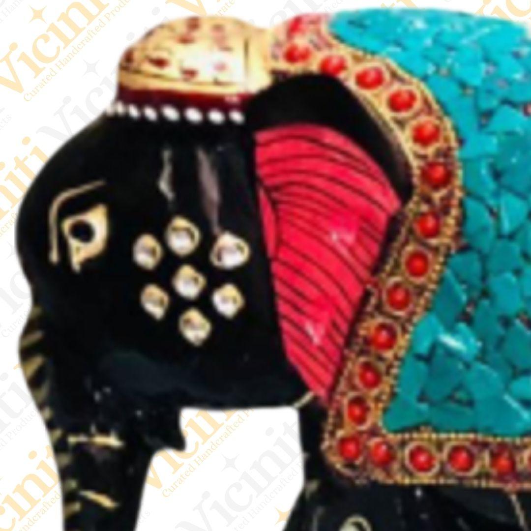 Turquoise Embellished Handcrafted Wooden Elephants Showpiece Set