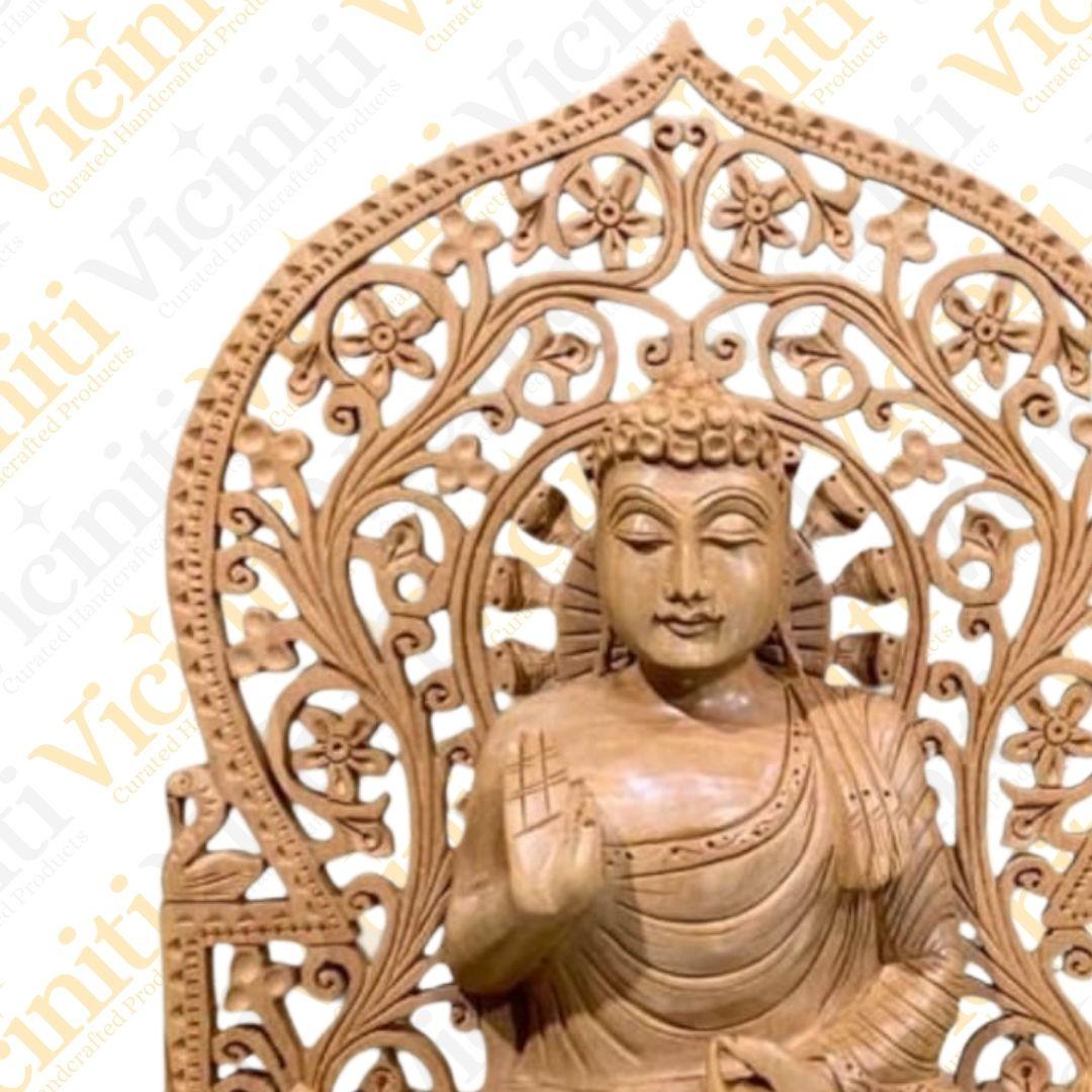 Buddha on throne handcarved wooden showpiece idol statue murti