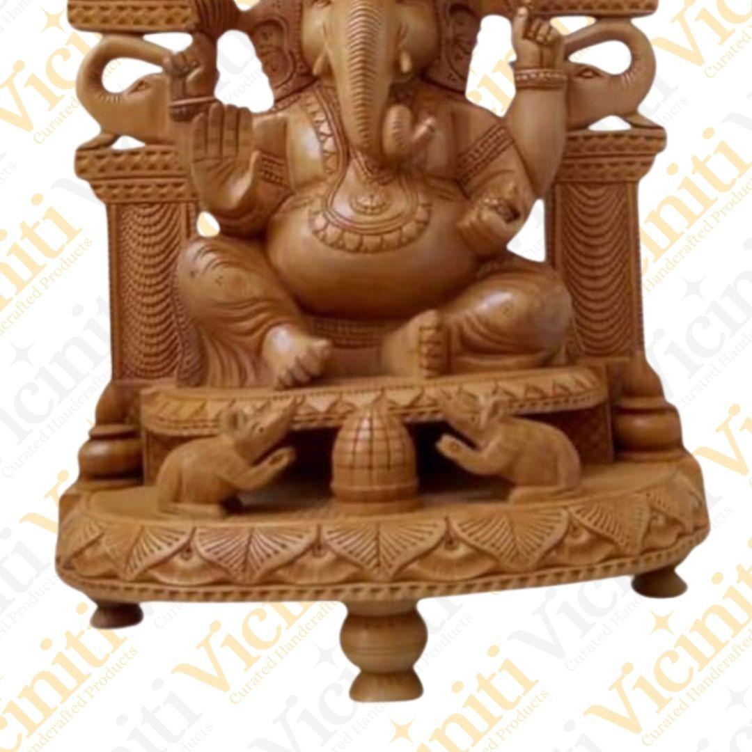 Ganesha on Throne wooden hand carved showpiece idol statue murti