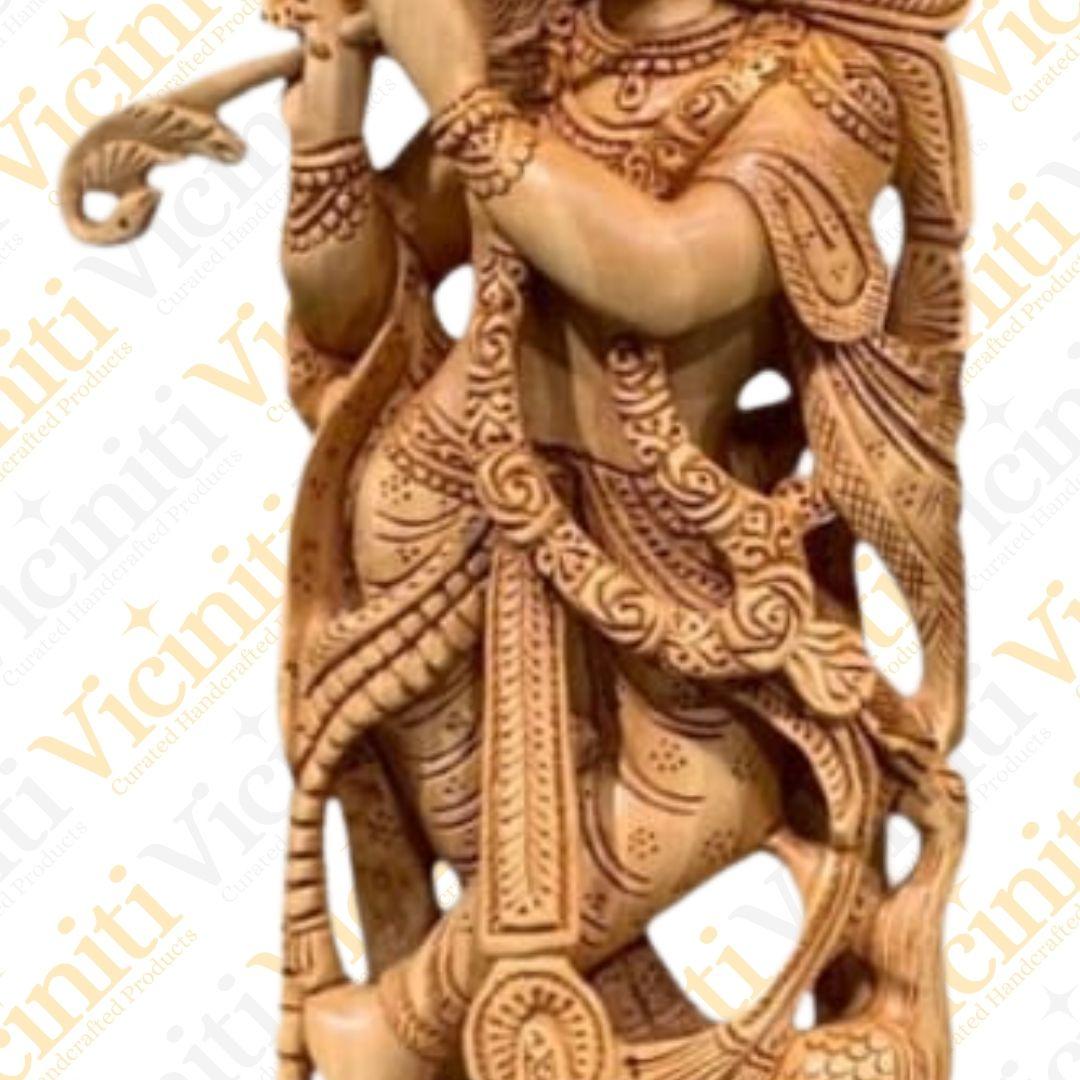 Lord Krishna Wooden Hand Carved Statue Idol Showpiece Murti